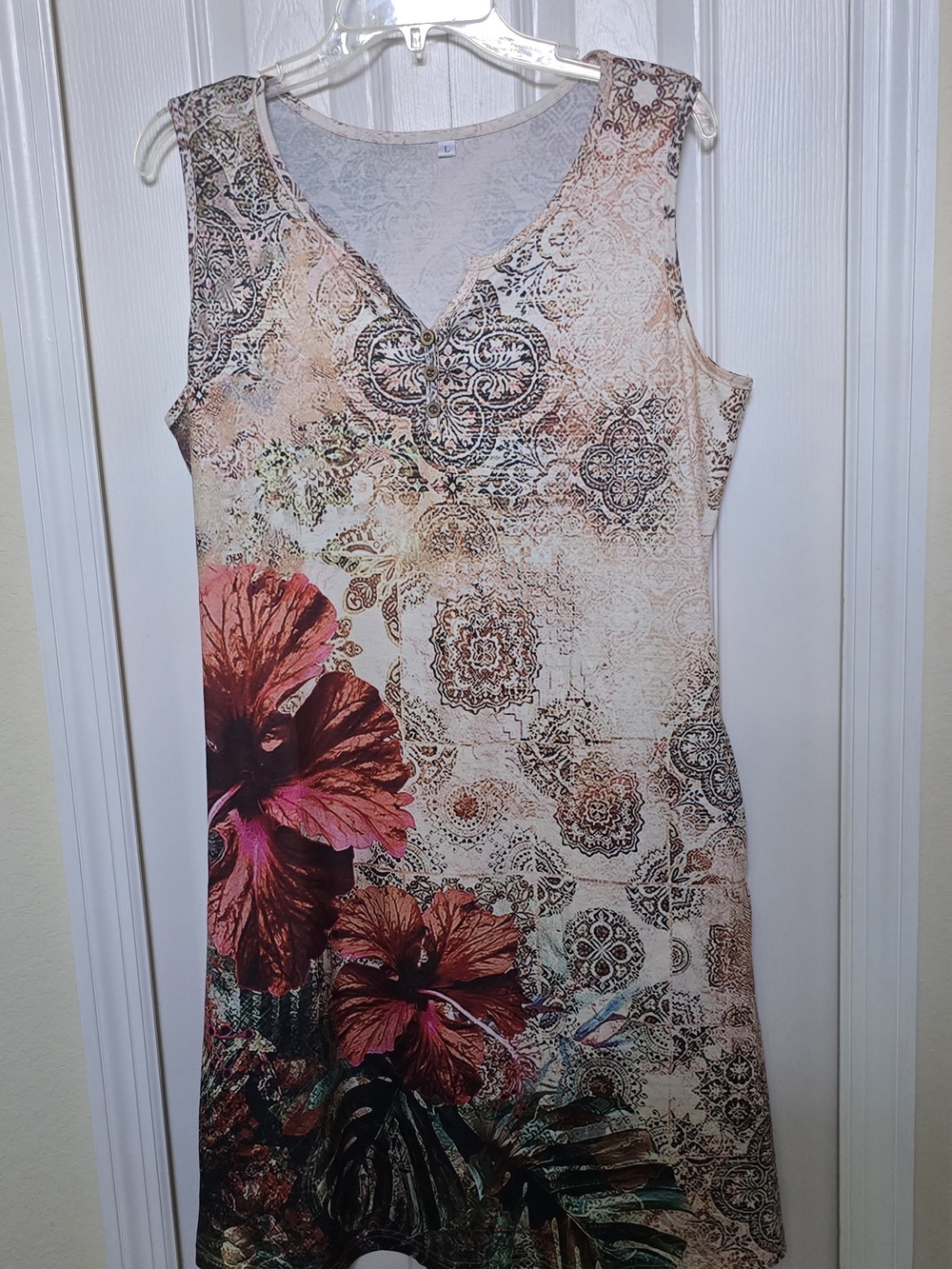 Floral Multicolor Polyester-Spandex Dress - Cream, Red, Green